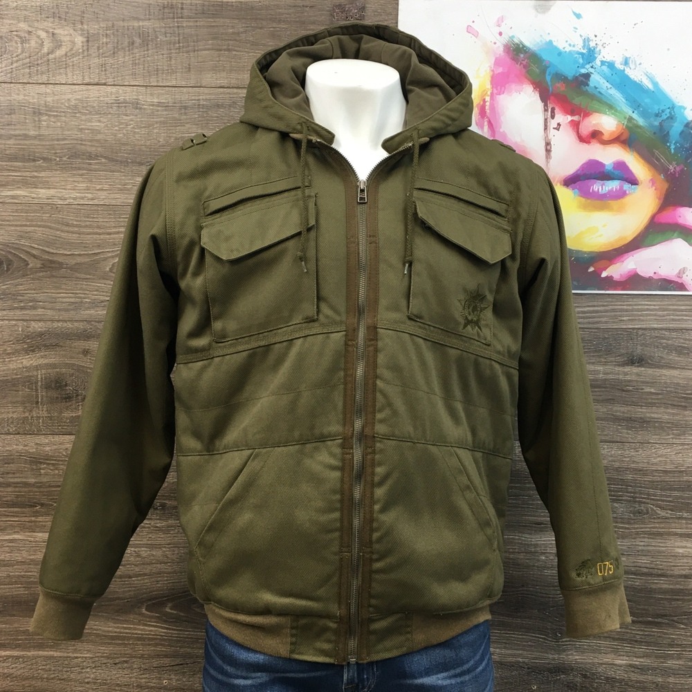 Oakley‎ Worldwide Mens Hooded Field Jacket Olive Green Canvas FA07 411127 Size L